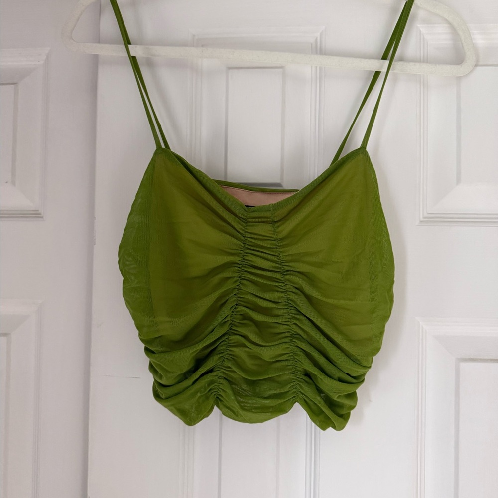 Green Ruched Spaghetti Strap Crop Top